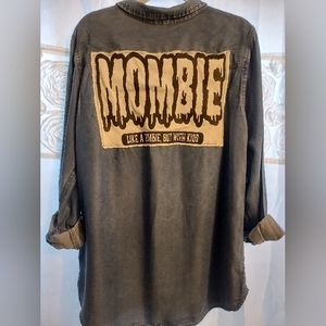 MOMBIE GRAPHIC DENIM UPCYCLED BUTTON UP SHIRT Sz xl